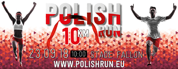 Prostokątny plakat promujący Polish Run z biegnącą dwójka ludzi, którzy mają uniesione ręce w geście triumfu