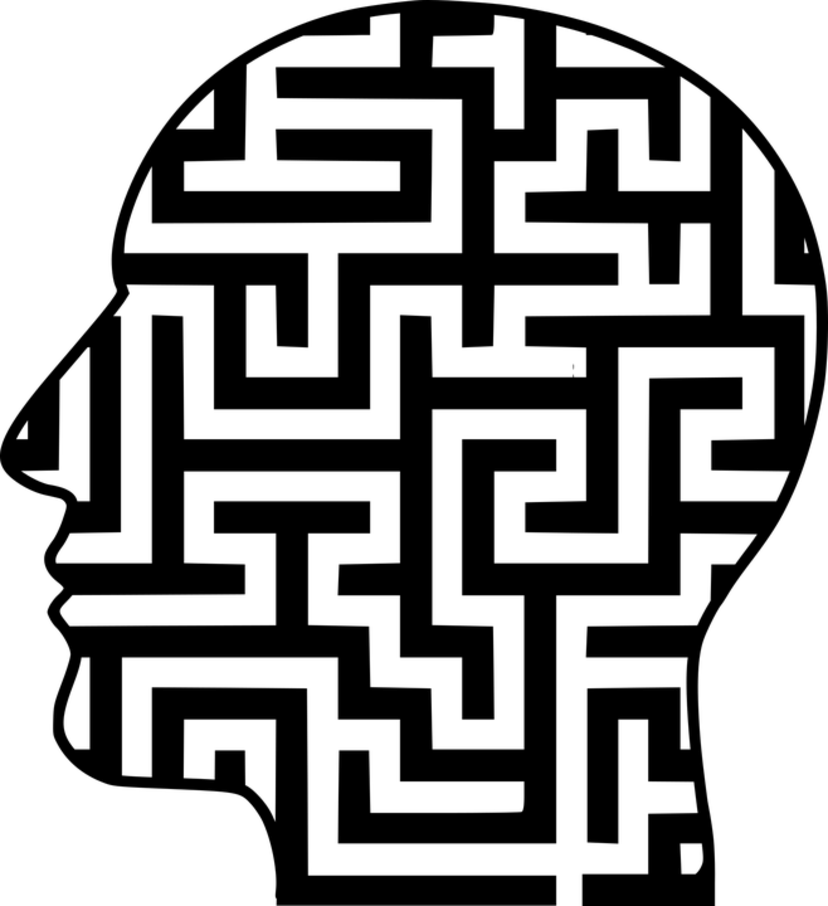 Biało-czarna grafika przedstawiająca głowę z labiryntem na całej jej powierzchni