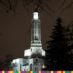 Oświetlony kościół św. Rocha. Wokół fotografii widoczne gałęzie. Obok kościoła stoi wysokie drzewo