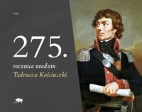 Grafika, na której jest wzmianka o 275. rocznica urodzin T. Kościuszki. Po prawej jego portret