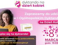 Plakat zapraszający do udziału w Dyktandzie na Dzień Kobiet.