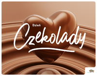 Serce z czekolady, na czekoladowym tle. Biały napis: Dzień czekolady