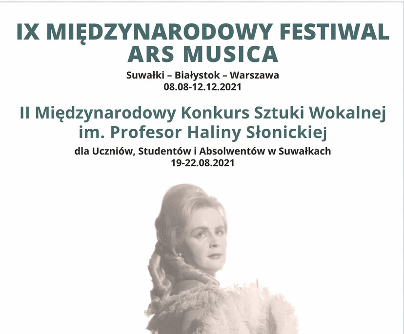 Fragment plakatu zapowiadającego festwial Ars Musica 2021 i konkurs wokalny. Szczegóły zawarte na plakacie są w tekście.