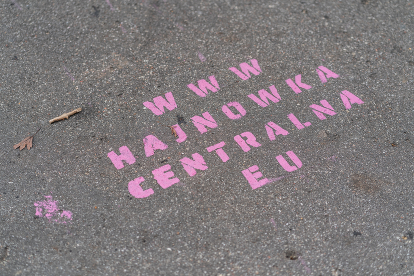 Różowy napis na szarym betonie: www hajnowka centralna eu