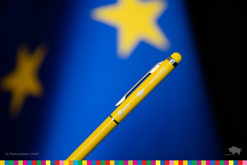 żółty długopis, w tle flaga europejska