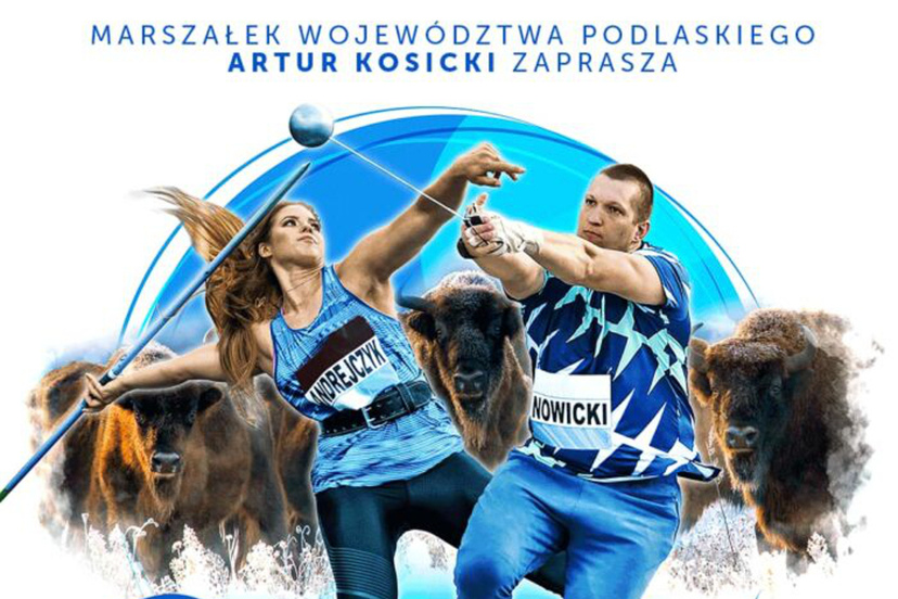 Maria Andrejczyk i Wojciech Nowicki w sportowych pozach. Informacje dotyczące zawodów, które są także w tekście.