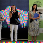 Cztery kobiety, jedna z nich trzyma mikrofon, w tle widać baner z logo województwa podlaskiego 