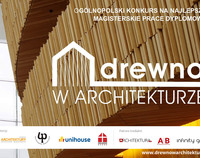 Brązowy plakat z napisem: Drewno w architekturze