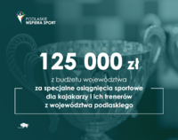 Na grafice kwota 125 tys. zł dla kajakarzy za największe osiągnięcia sportowe. W tle puchar