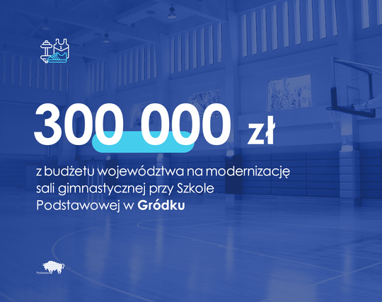 Grafika z informacją o dotacji na salę gimnastyczną w Gródku.