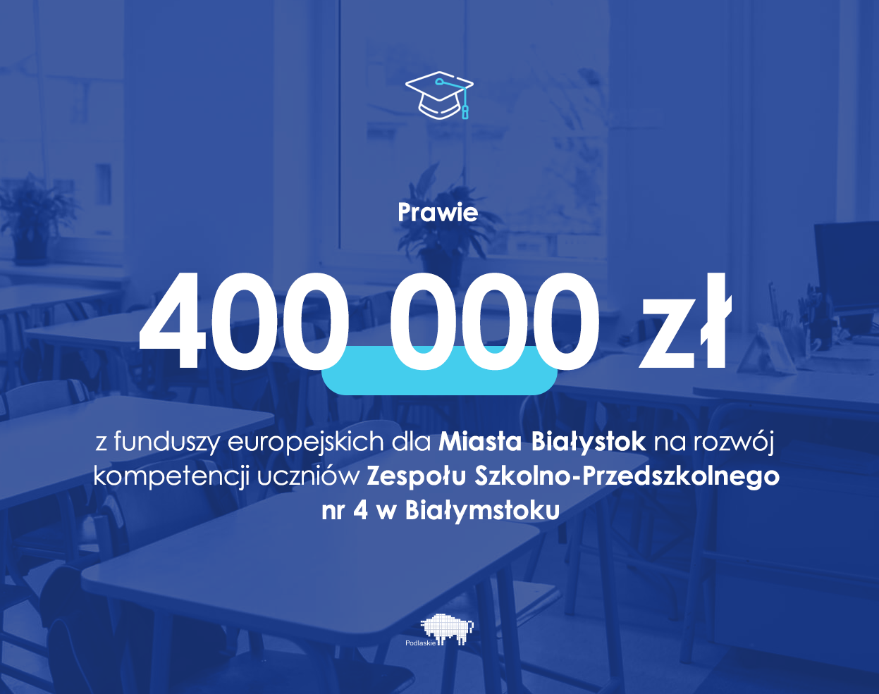 Grafika z napisem: prawie 400 000 zł z funduszy europejskich dla Miasta Białystok na rozwój kompetencji uczniów Zespołu Szkolno-Przedszkolnego nr 4 w Białymstoku.