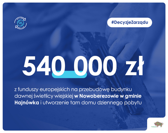 Grafika z napisem 540 000 zł z funduszy europejskich na przebudowę dawnej świetlicy wiejskiej w Nowoberezowie