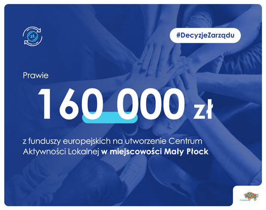 Grafika z napisem 160 000 zł z funduszy europejskich na utworzenie Centrum Aktywnosci Lokalnej w miejscowości Mały Płock
