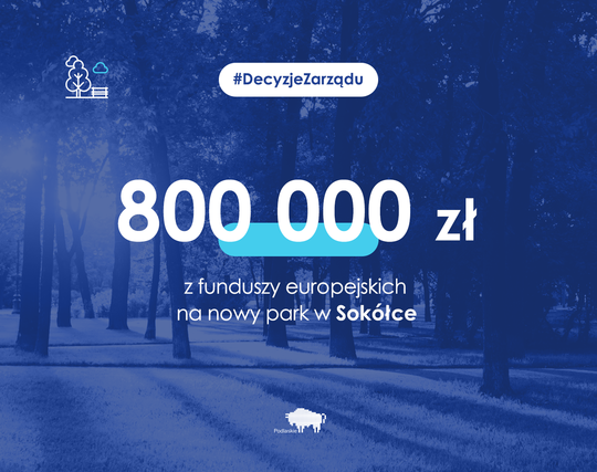 Grafika z informacją o przyznaniu 800 tys. zł na park w Sokółce.