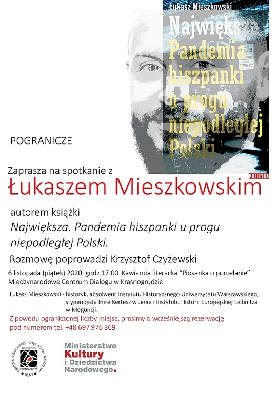 plakat zapraszający na spotkanie - tytuł książki na tle twarzy autora