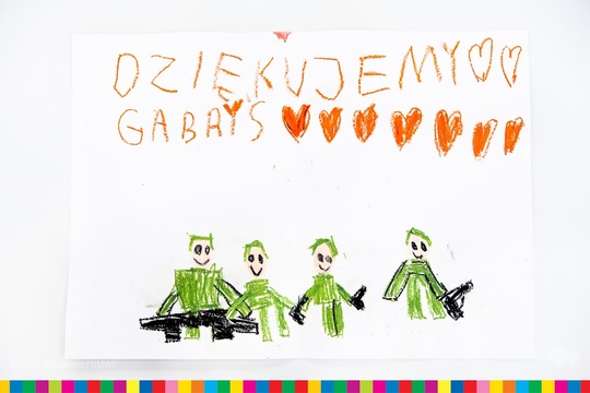 Rysunek przedstawiający 4 żołnierzy i słowa: dziekujemy, Gabryś
