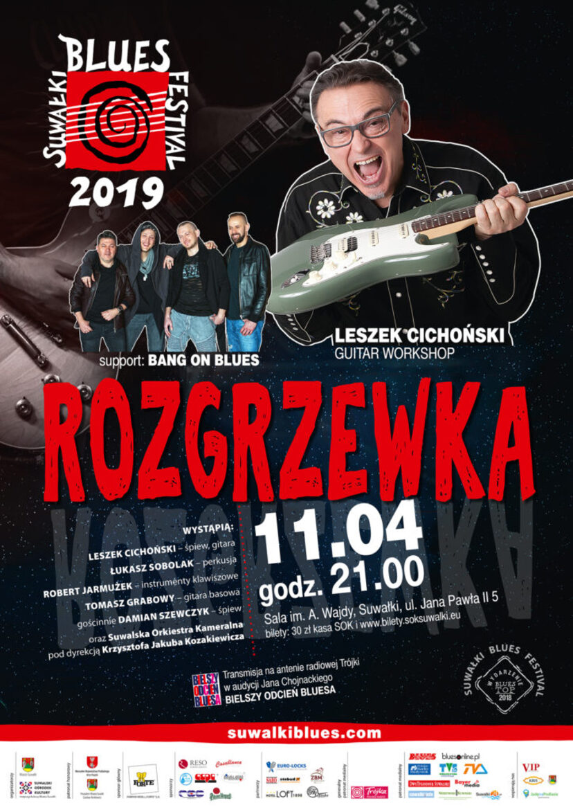 Plakat informujący o koncercie pt.: Rozgrzewka, w dniu 11 kwietnia o godz. 21.00 w Suwalskim Ośrodku Kultury.