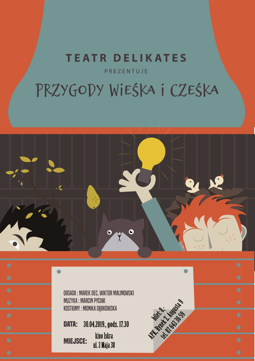 Plakat spektaklu pn.: Przygody Wieśka i Cześka - Teatr Delikates - ze skrzynki wystają głowy dwóch chłopców i kota