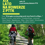 Plakat XIX Lato na rowerze z PTTK. Dwoje rowerzystów na ścieżce leśnej.