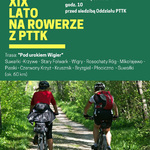 Plakat. Informacje o rajdzie. Po środku zdjęcie dwojga rowerzystów jadących leśną ścieżką.