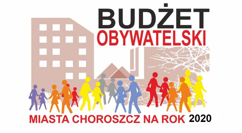 Plakat Budżetu Obywatelskiego Choroszczy 2020 - logo i grafika ludzi na tle budynków.