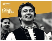 Plakat z czarno-białą fotografia St. Jopka w stroju ludowym podczas śpiewu i tytułem konkursu