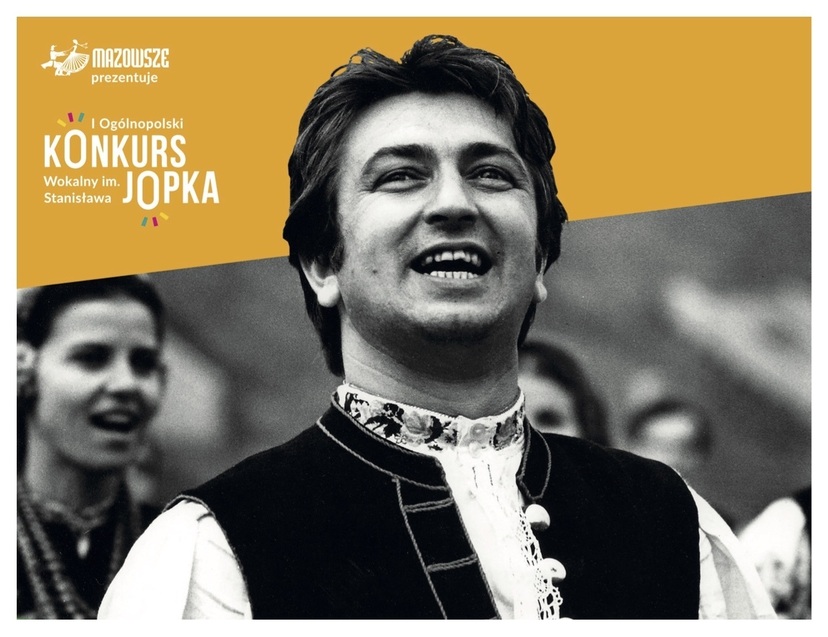 Plakat z czarno-białą fotografia St. Jopka w stroju ludowym podczas śpiewu i tytułem konkursu