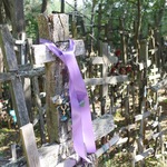 Św. Góra Grabarka - las drewnianych krzyży na górze, na pierwszym planie krzyż przepasany liliowa wstążką 