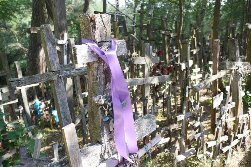 Św. Góra Grabarka - las drewnianych krzyży na górze, na pierwszym planie krzyż przepasany liliowa wstążką