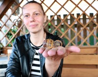 Agnieszka Tercjak prezentuje ślimaki na wyciągniętej dłoni.