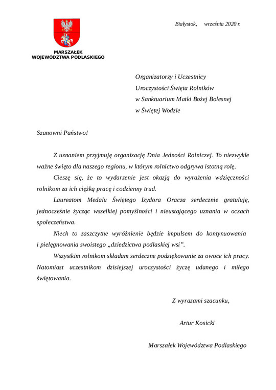 List marszałka Artura Kosickiego.