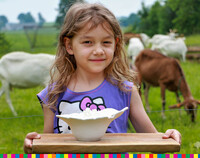 Dziewczynka trzymająca miskę z twarożkiem. W tle kozy.