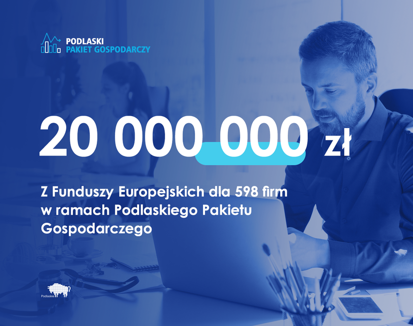 Grafika w kolorze niebieskim  - mężczyzna pracujący przy laptopie. Na tym tle biało-niebieskie napisy Podlaski Pakiet Gospodarczy, 20 000 000 zł z Funduszy Europejskich dla 598 firm w ramach Podlaskiego Pakietu Gospodarczego