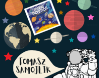 fragment plakatu, rysuki planet i kosmonauty