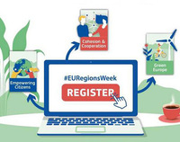 Grafika zachęcająca do rejestracji na Europejski Tydzień Regionów i Miast