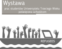 Grafika przedstawiająca płynącą łódź z wyciągniętymi w górę rękoma i napis Wystawa prac studentów Uniwersytetu Trzeciego Wieku poświęcona uchodźcom