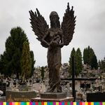 Kilkadziesiąt nagrobków. Pośrodku górująca nad nimi rzeźba anioła z rozłożonymi skrzydłami.