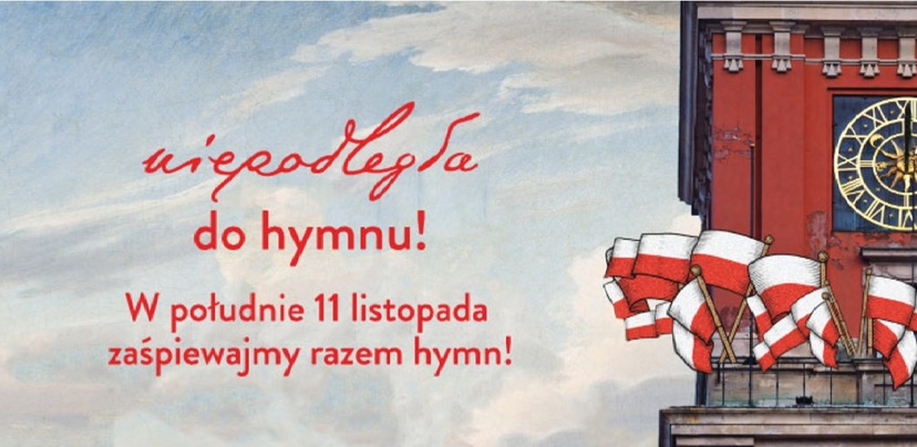 Grafika zachęcająca do odśpiewania hymnu. Po prawen narysowane polskie flagi.