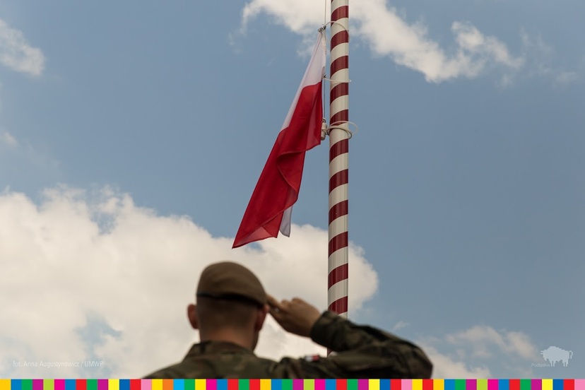 Żołnierz salutuje przed flagą zawieszoną na maszcie.