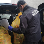 Funkcjonariusz straży więziennej pakuje zebrane nakrętki do bagażnika samochodu  ki 