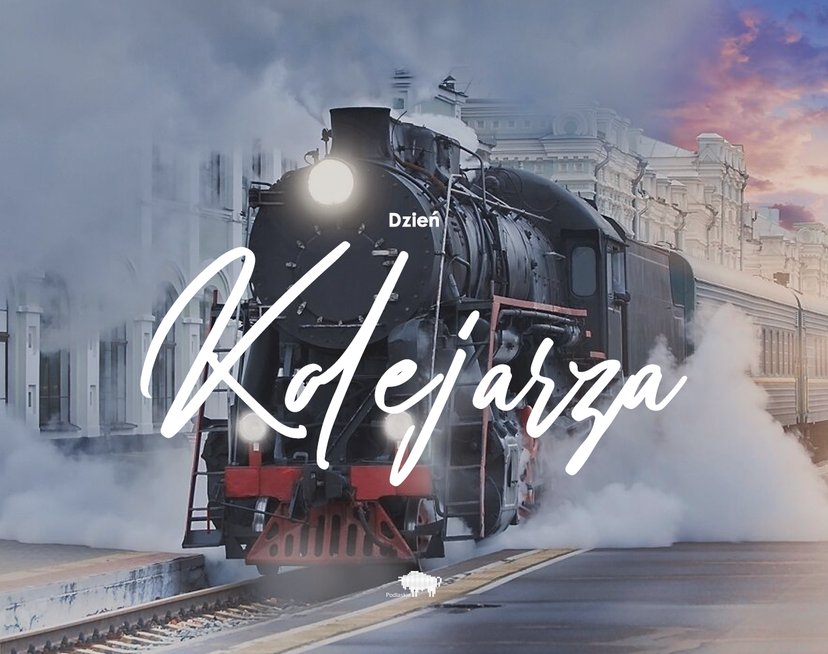 Grafika z pociągiem i napisem Dzień Kolejarza