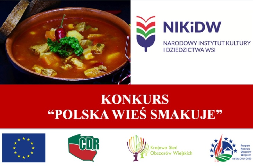 Grafika z ilustracją, na której jest zupa w naczyniu oraz napisem głównym Konkurs „Polska Wieś Smakuje”