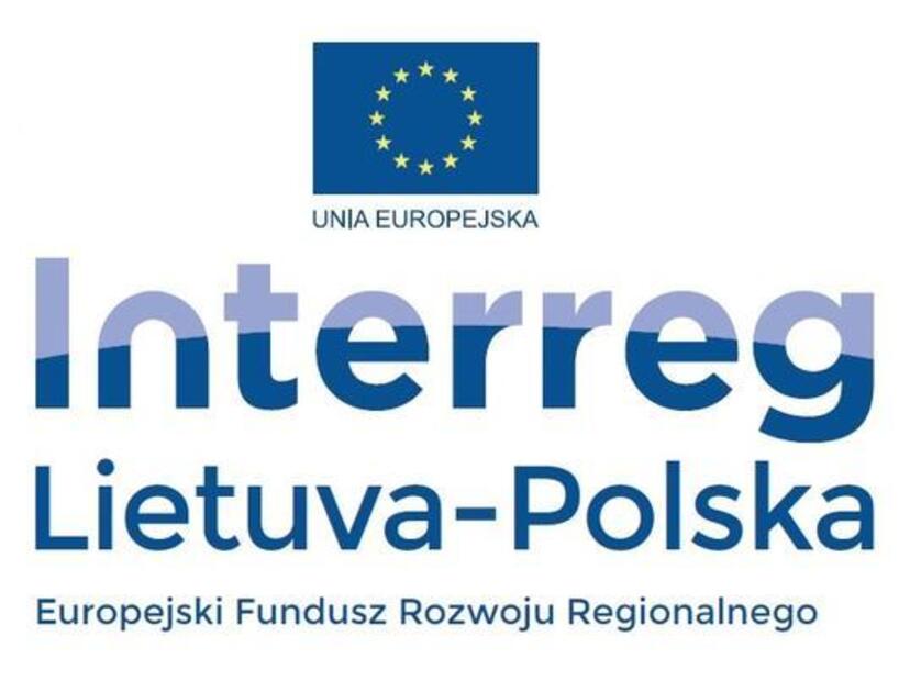 Grafika z symbolem Unii Europejskiej i  napisem Interreg, Lietuva-Polska, Europejski Fundusz Rozwoju Regionalnego