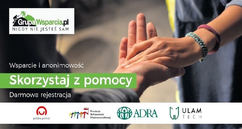 Grafika, na której widzimy wyciągniętą dłoń trzymającą drugą jest reklamą kampanii wspierającej białoruskich emigrantów