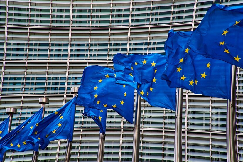 Flagi Unii Europejskiej na tle budynku.