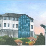 Rysunek przedstawia budynek Domu Kultury w Łapach oraz stojącą przed nim kolumnę z orłem