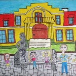 Rysunek przedstawia Muzeum Marii Konopnickiej w Suwałkach. Przed budynkiem stoją narysowane dzieci wraz z opiekunem