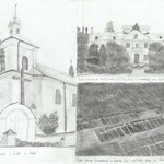 Rysunek przedstawia zdjęcie kościoła parafialnego w Rudce, szkołę w Pałacu Ossolińskich, oraz panele fotowoltaiczne