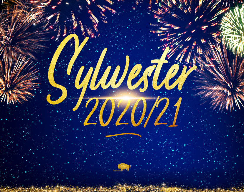 Grafika z napisem Sylwester 2020/21 na granatowym tle. Wokół napisu fajerwerki.