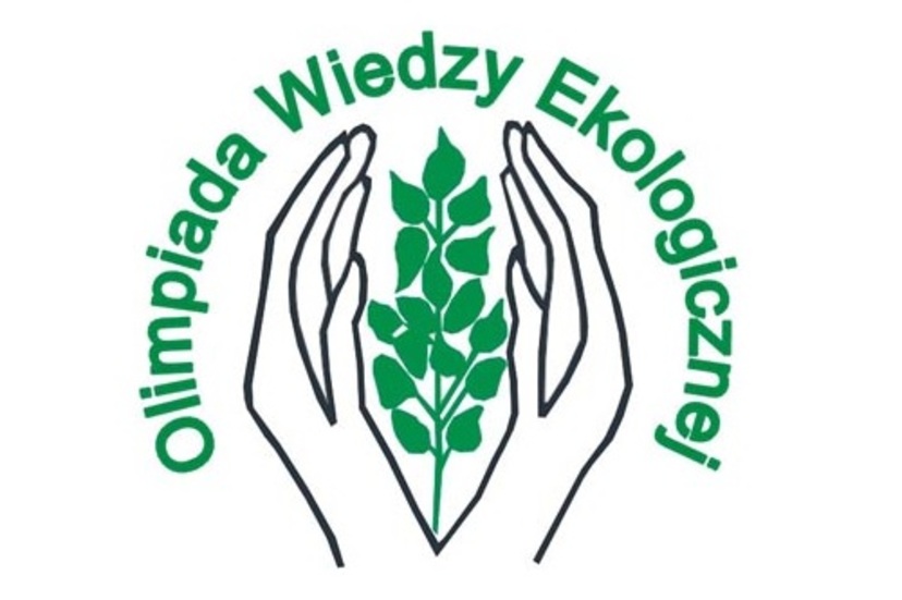 Logo przedstawiające gałązkę z zielonymi liśćmi między dwiema dłońmi i napis Olimpiada Wiedzy Ekologicznej